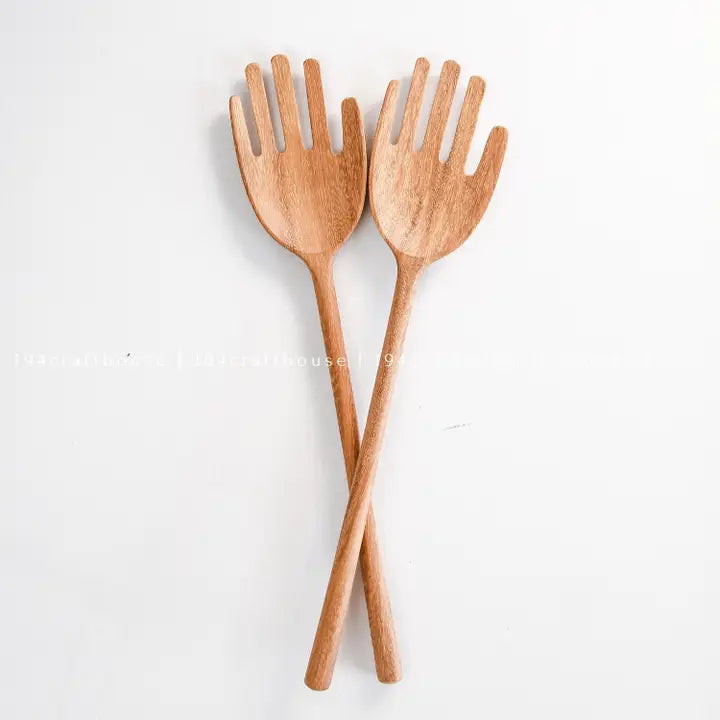 Hand Shaped Wooden Salad Servers - 12" - Spoon and Fork Set